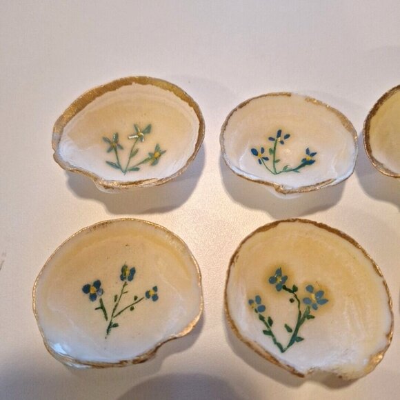 Hand Painted Scallop Shell Dishes Blue Floral Salt Trinket Vintage Set Of 11 - Picture 2 of 10